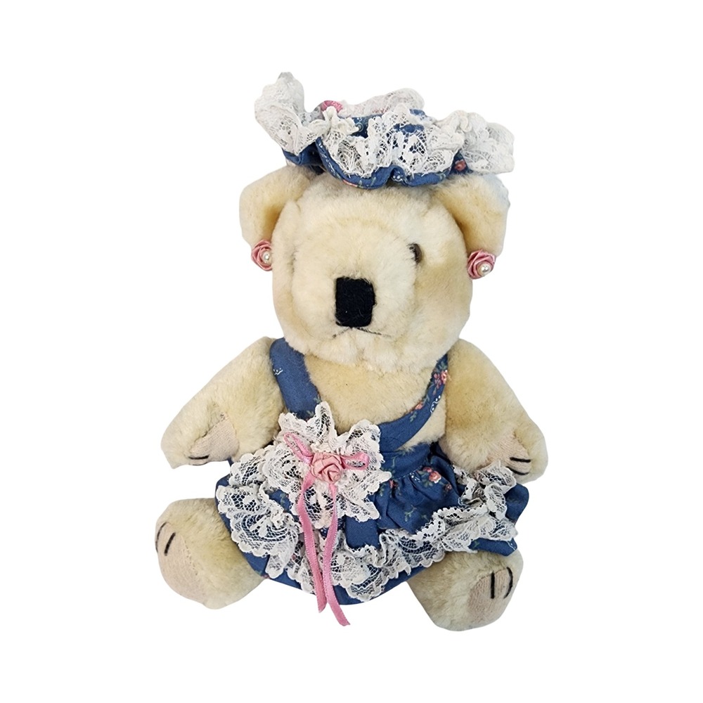 Vintage Style Floral Lace Teddy Bear Plush Blue Prairie Dress Bonnet 9 Inch